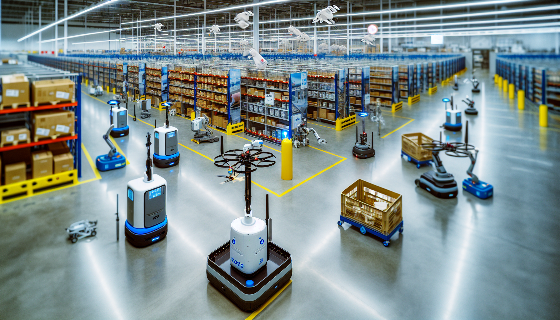 A group of robotic systems working together in a warehouse