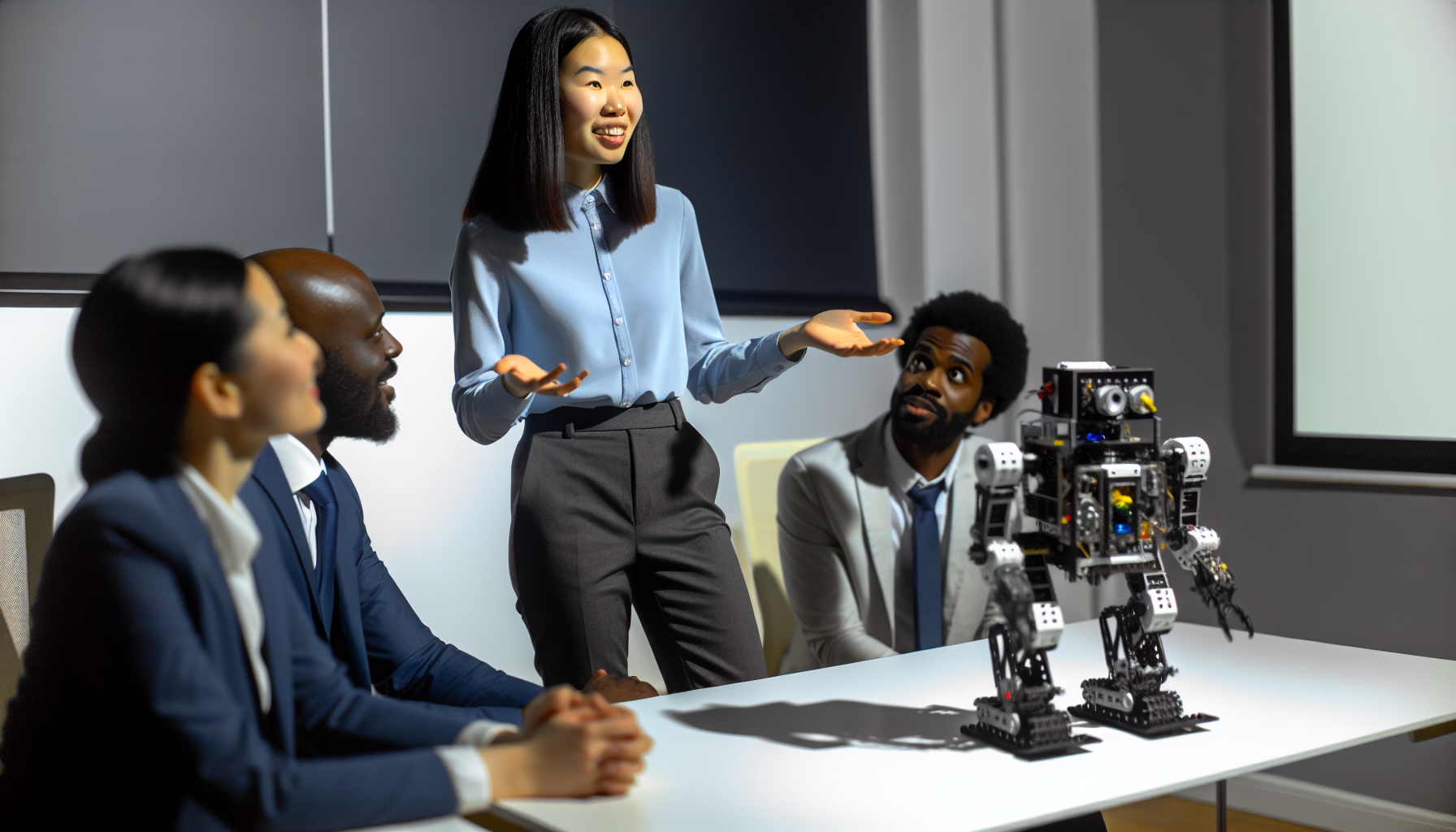 A person presenting a robotics project to a panel of industry professionals